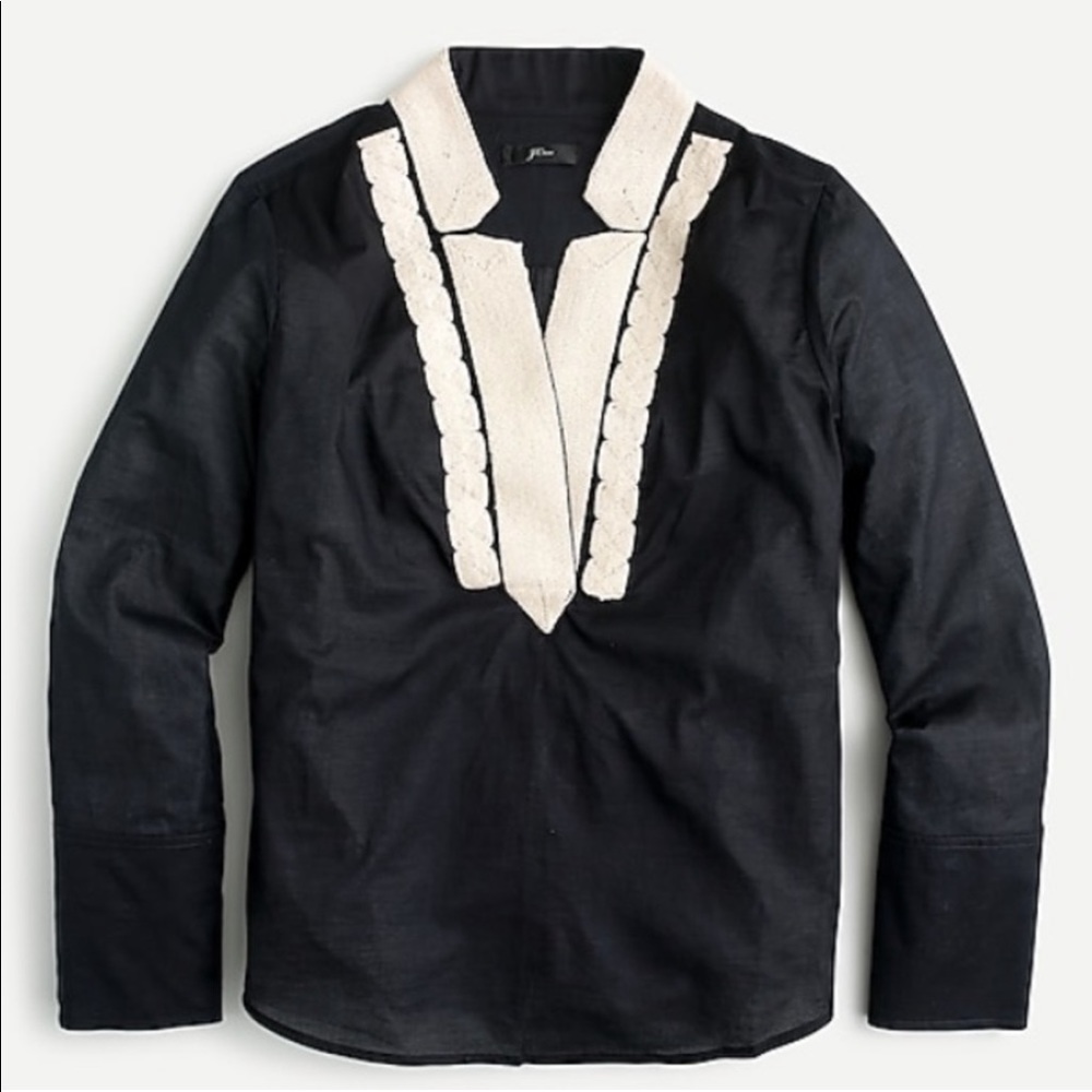 J. Crew Black Blouse with Cream Trim and Scalloped Placket